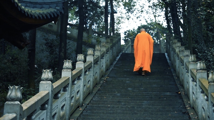 寺庙僧人走台阶的背影
