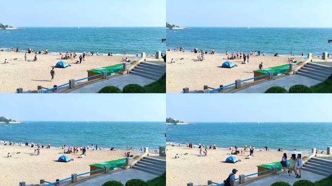 青岛 大海 金色沙滩 游客观海 4K素材