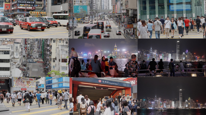 香港十字路口维多利亚港人流车流人文素材