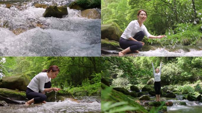 夏天森林美女戏水 溪流 大自然 玩水
