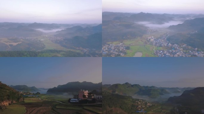 航拍云雾下的稻田村庄