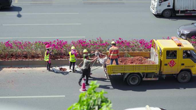 路桥养护工人在给马路上的绿化带养护管养