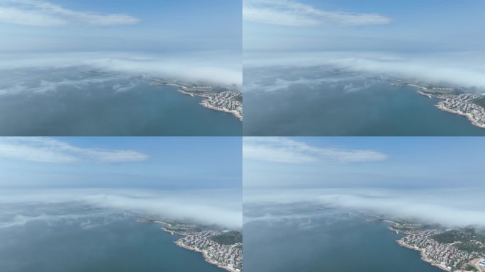 航拍威海市远遥咀碧海庄园上空的平流雾