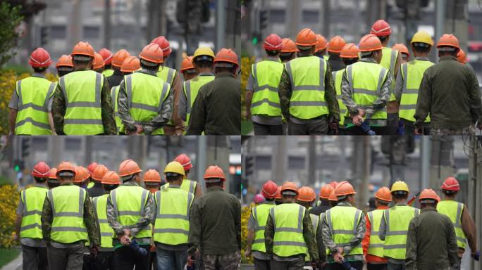 工人背影一群工地工人工人上班下班社会建筑