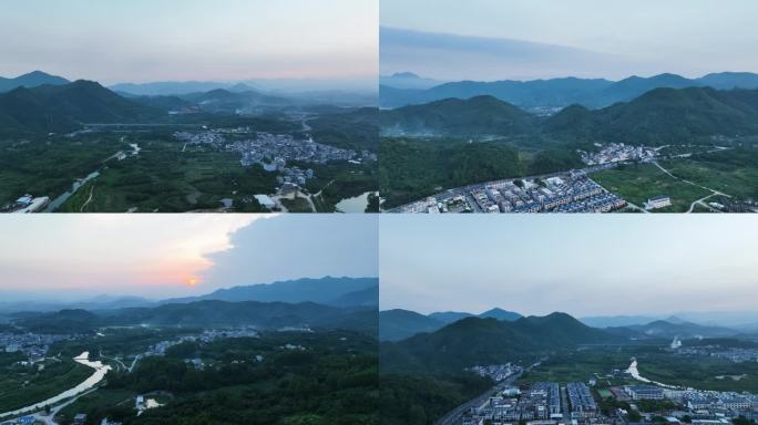 群山环绕夕阳青山风景航拍360度旋转高空