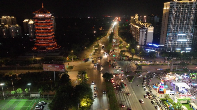 航拍钦州和谐塔夜景