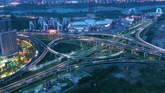 航拍临沂市蒙山高架桥双岭路高架桥夜景