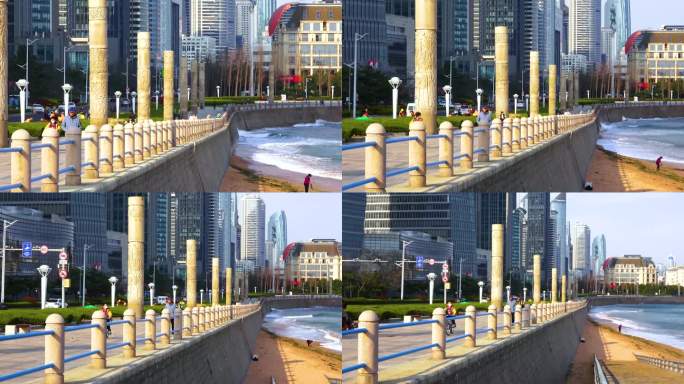 青岛 城市 海边立体浮雕 石柱 4K素材