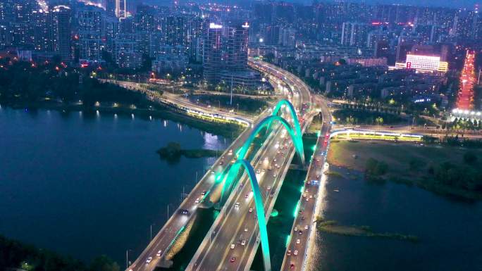 航拍临沂市蒙山高架桥祊河桥夜晚风景