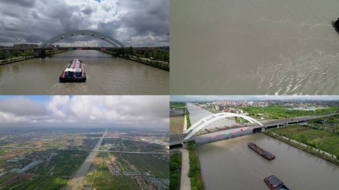 航拍蓝天白云下上海新场段大治河水运4K