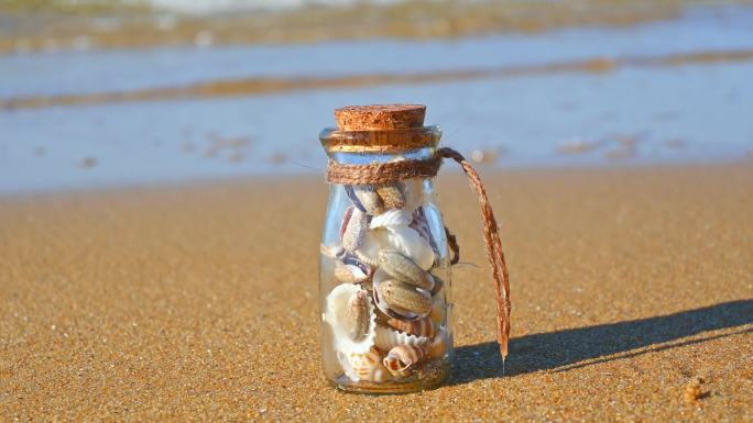海边旅行时在海滩上捡贝壳和海螺漂流瓶