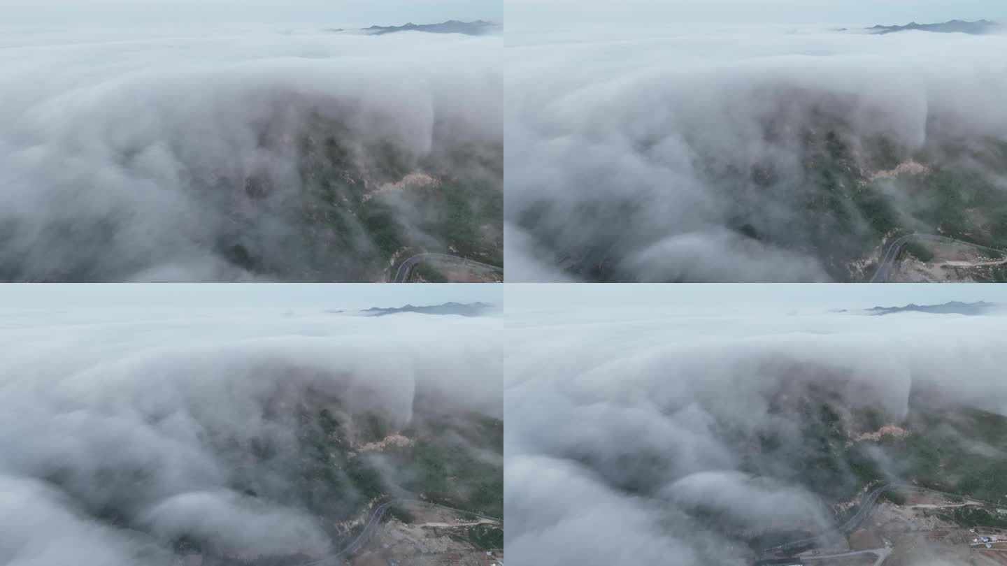 航拍威海远遥烟墩山上的平流雾
