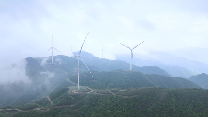 农村群山云海风车风电风力发电太阳能发电