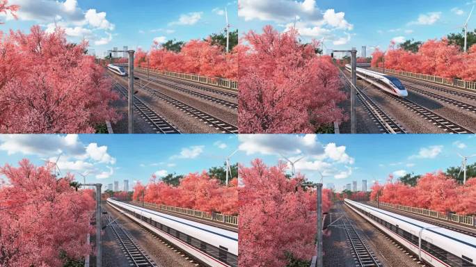三维高铁复兴号穿梭城市樱花