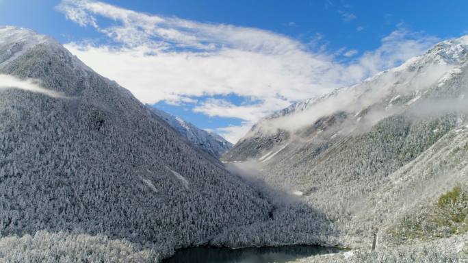 航拍木格措康定情歌风景区雪景雾凇树挂