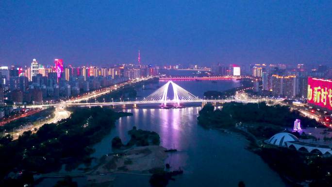 航拍临沂市祊河通达路桥夜景