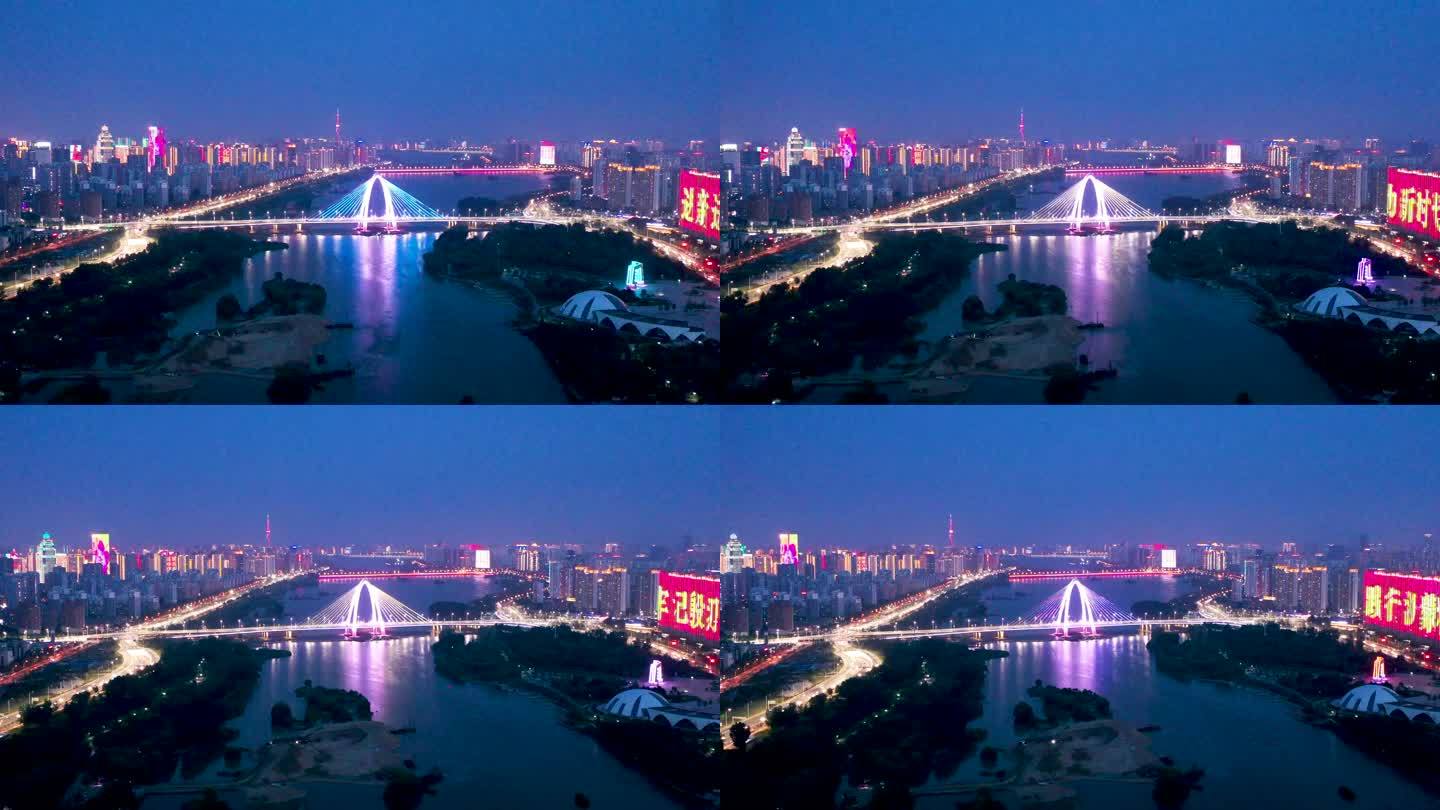 航拍临沂市祊河通达路桥夜景