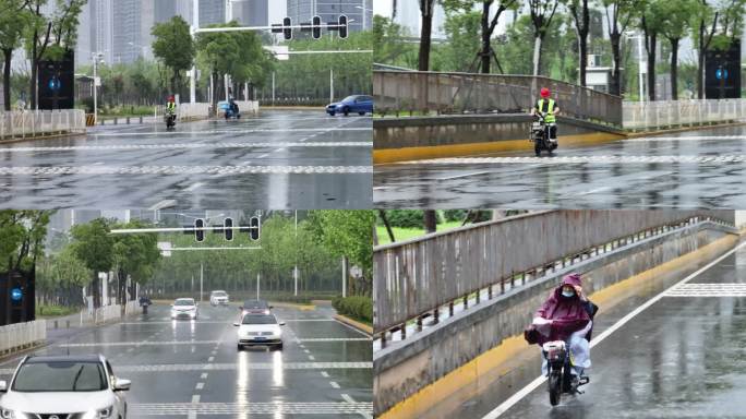 雨天外卖雨天电瓶车城市打工