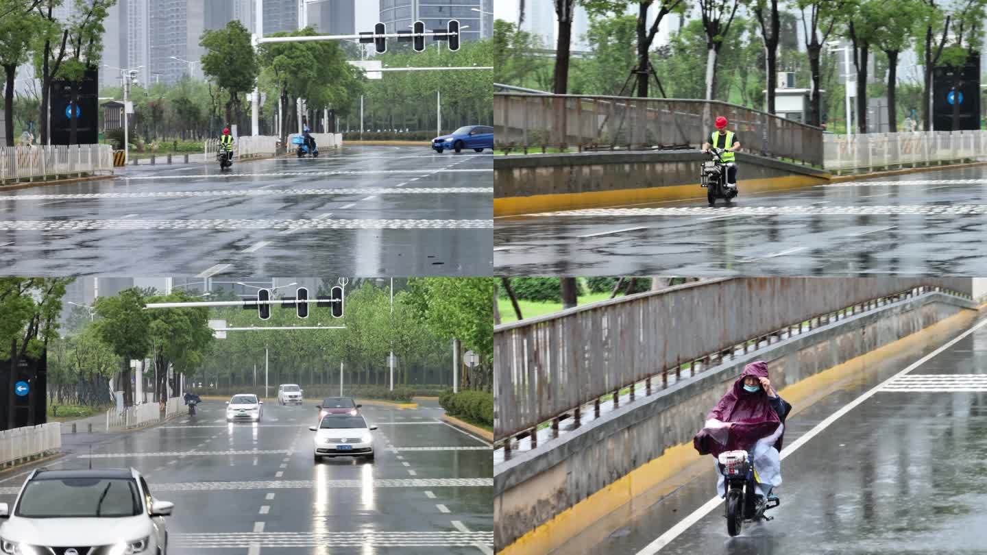 雨天外卖雨天电瓶车城市打工