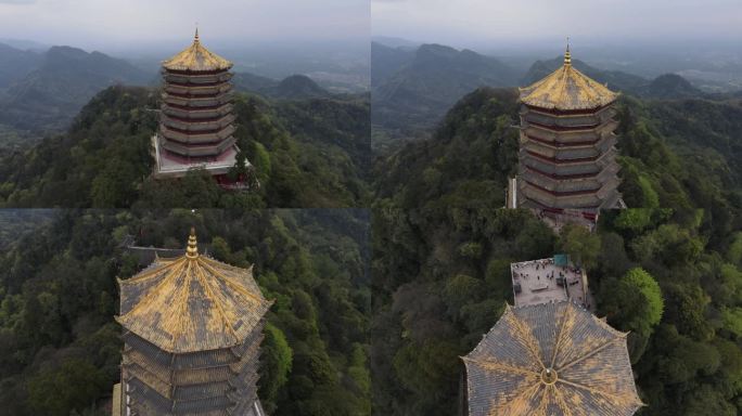 飞向山林宝塔楼阁青城山老君阁俯瞰