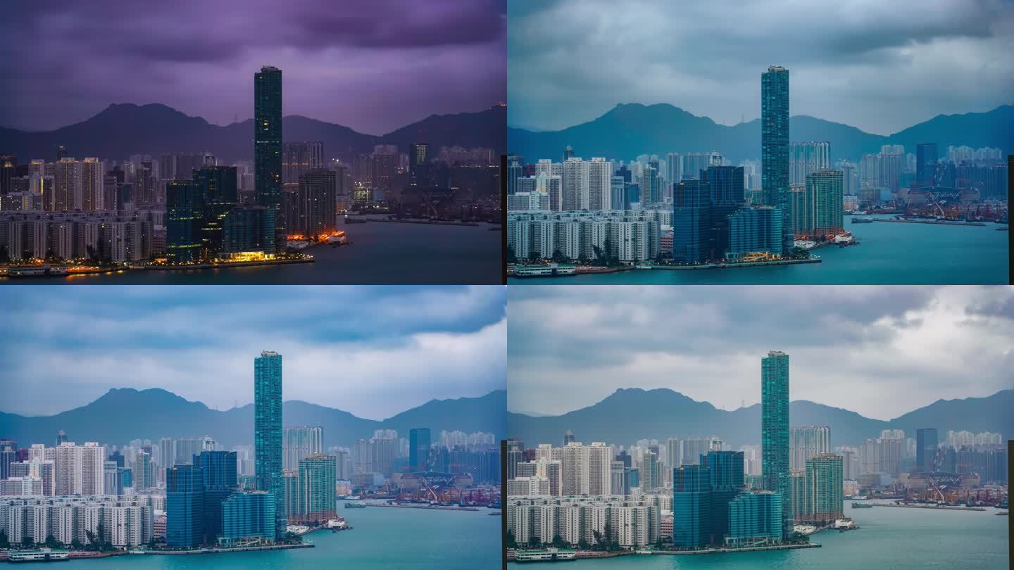 香港清晨日出的海边建筑物高楼延时摄影
