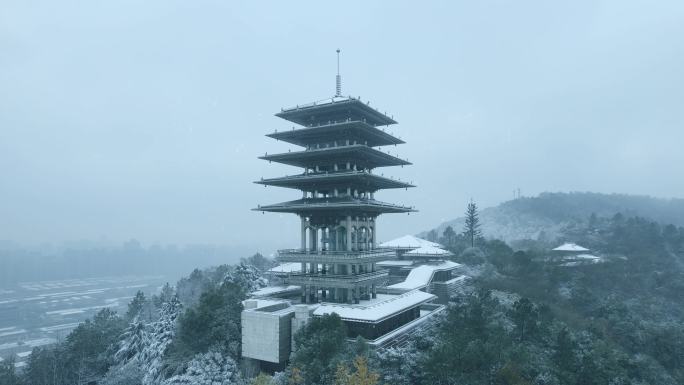 航拍杭州临平东来阁雪景