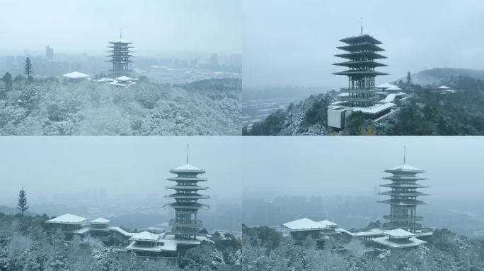 航拍杭州临平东来阁雪景