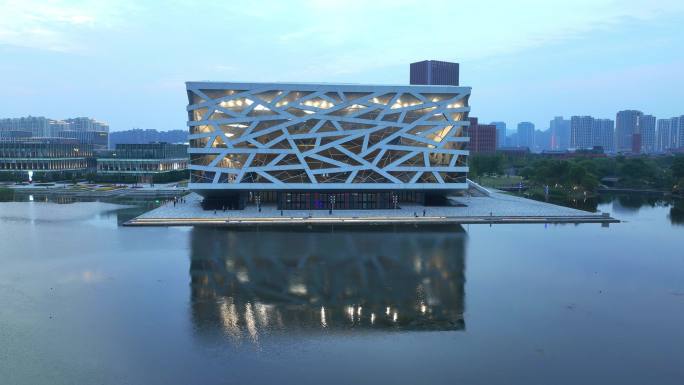 航拍杭州余杭大剧院 现代建筑