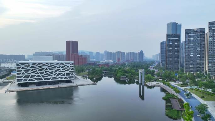 航拍杭州余杭大剧院 现代建筑