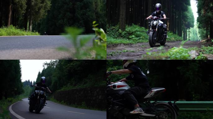 摩托车机车户外林中骑行航拍山地骑行机车速