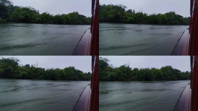 第一视角在游船上拍摄雨中的杭州西溪湿地