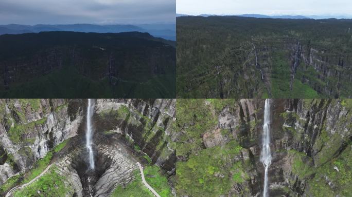 洪雅瓦屋山瀑布群、雪山航拍视频素材