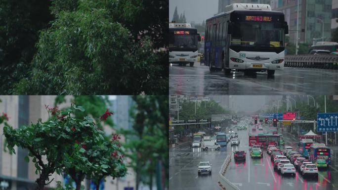 雨中城市行人暴雨大雨小雨外卖