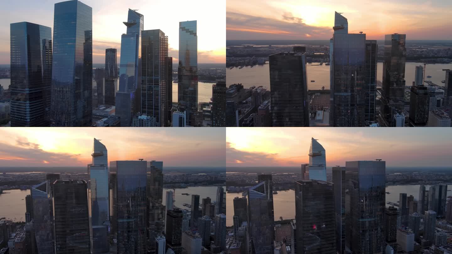 城市航拍纽约哈德逊城市广场摩天大楼日落
