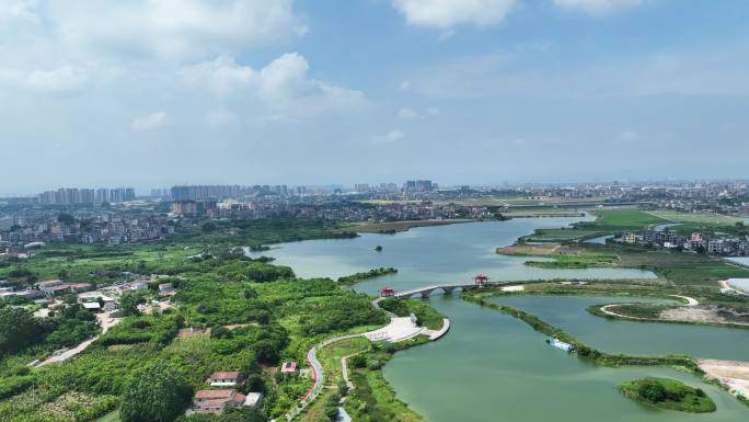 城市公园美景航拍绿湖蓝天莆田土海湿地公园