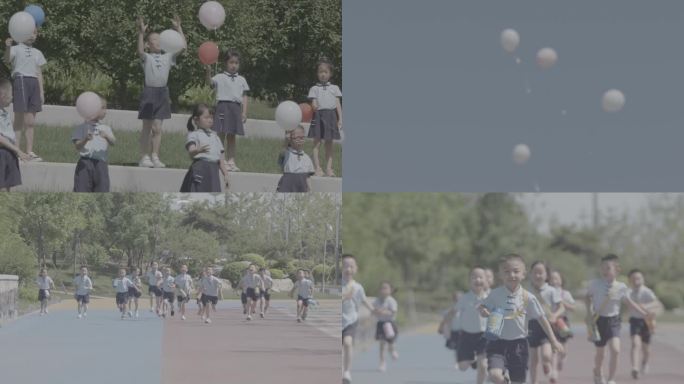 学生放飞气球欢乐奔跑