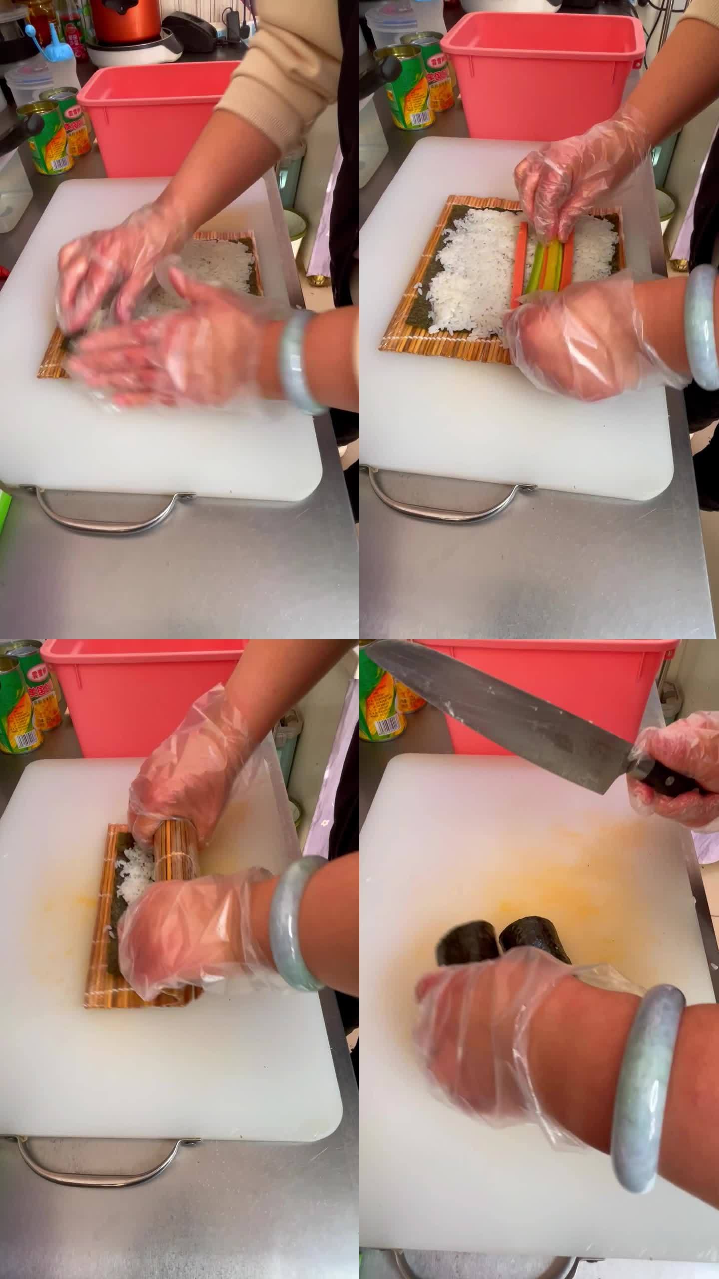 寿司制作过程 米饭  黄瓜条 蟹柳 沙拉