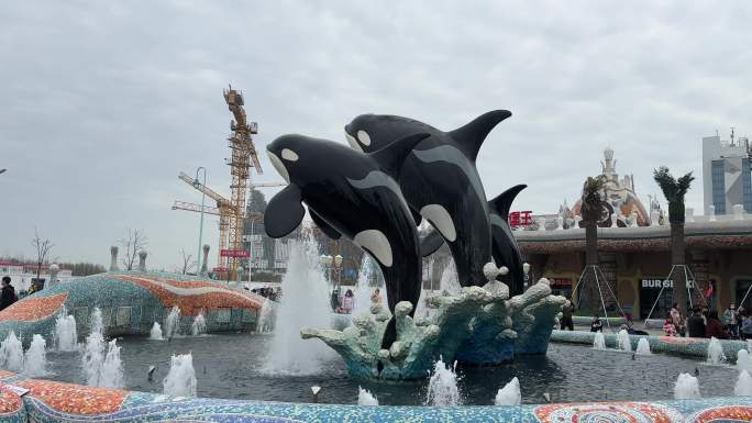 4K原创 音乐喷泉 虎鲸雕塑