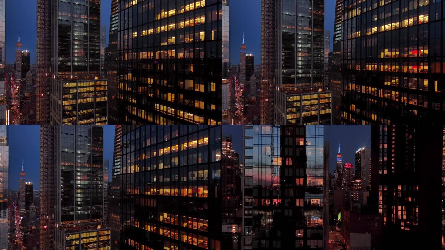 城市航拍纽约哈德逊城市广场摩天大楼灯光