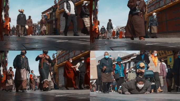 西藏旅游风光拉萨八廓街祈福游客磕头行人