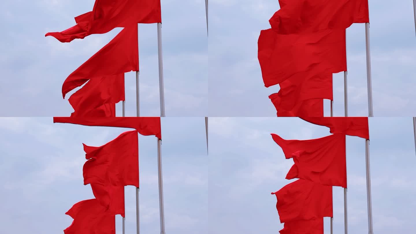 实拍高帧素材广场红旗飘飘