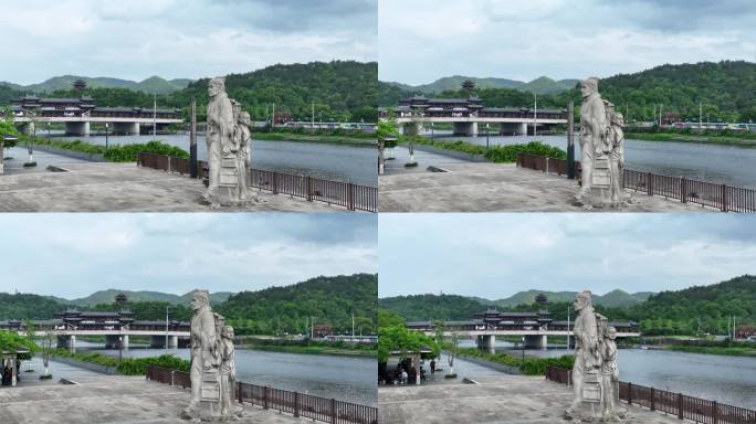 航拍宁海徐霞客公园雕像雕塑石雕石像廊桥