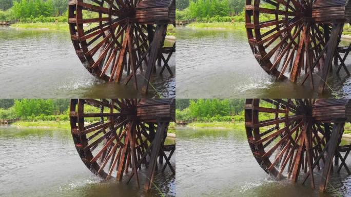 水车空镜-农田灌溉-池塘中的水车