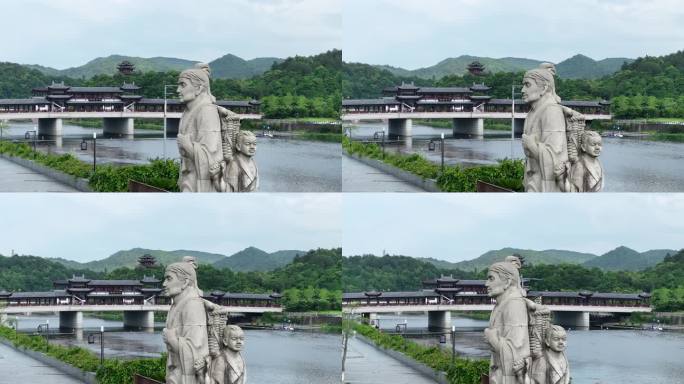 航拍宁波宁海徐霞客公园雕像石像廊桥于飞阁