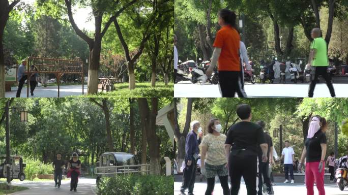城市公园街头公园健身踢毽子锻炼身体广场舞