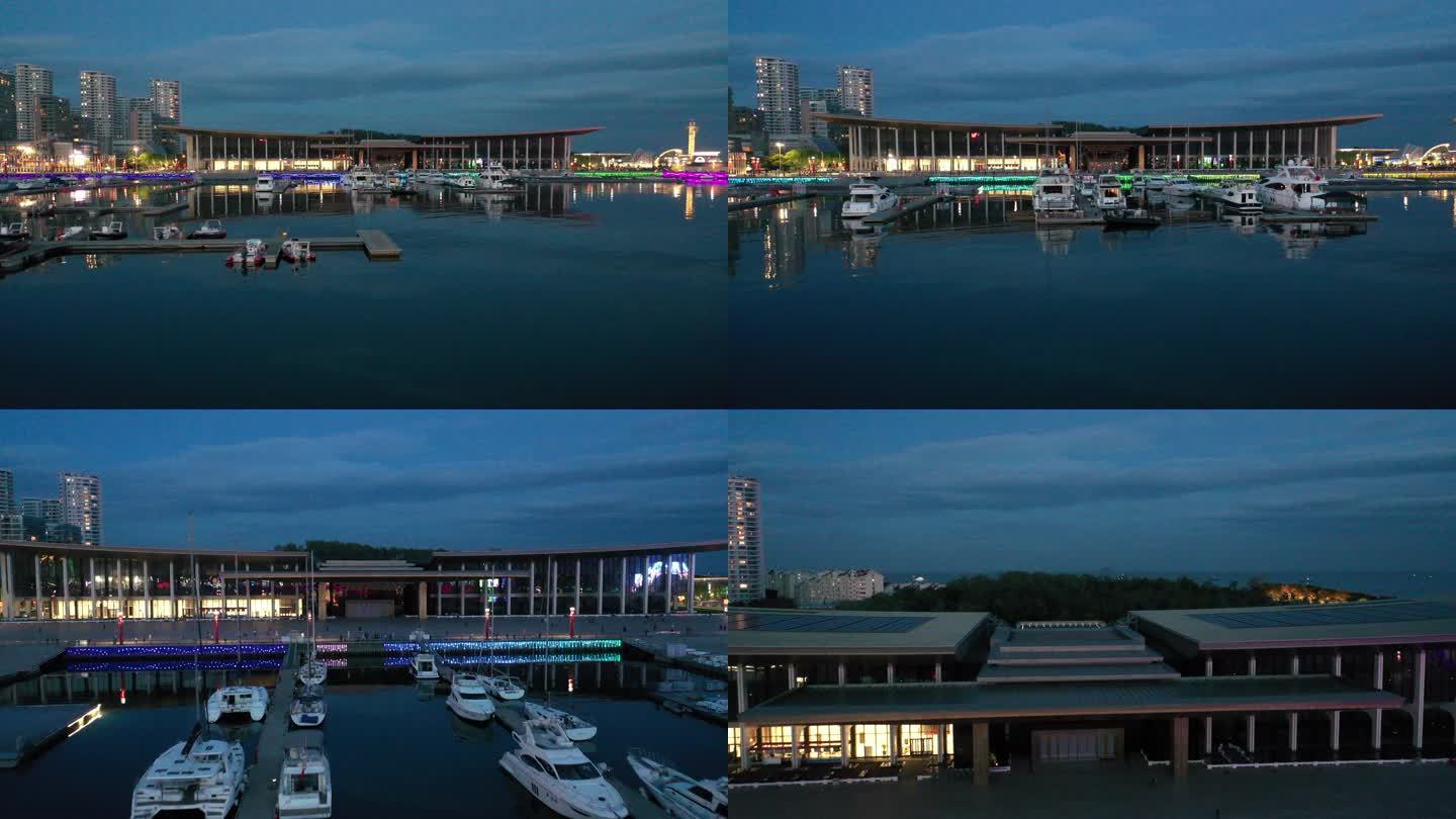 航拍视角青岛国际会议中心夜景