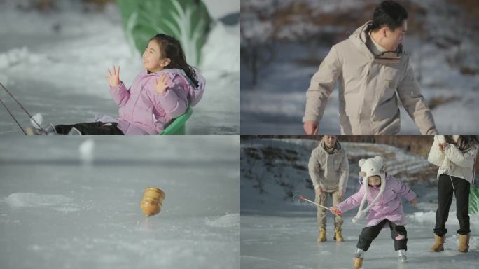 幸福三口之家在雪地里玩耍