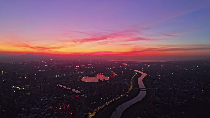 4K航拍莆田玉湖木兰溪日出朝霞城市大景