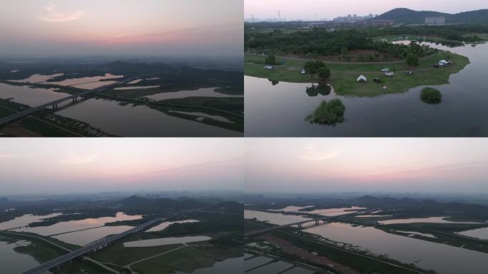 武汉蔡甸牛尾湖露营地航拍山水湖岸风景