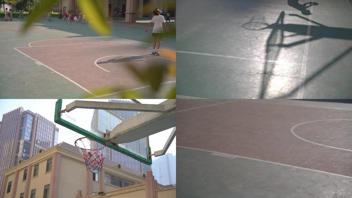 阳光校园学校操场上小学生打篮球